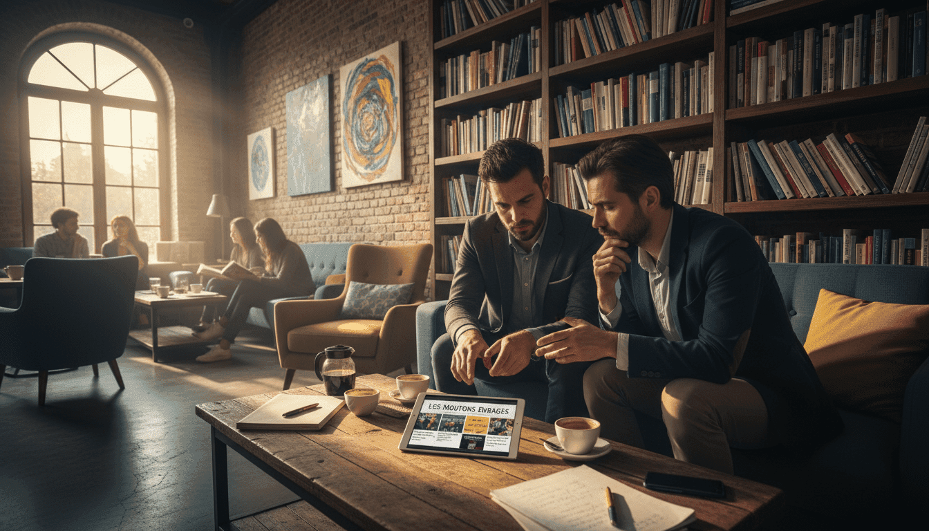A dynamic and engaging scene featuring a diverse group of individuals gathered around a coffee table, deeply immersed in discussion about the "Les Moutons Enragés" blog. The foreground showcases two adults, one male and one female, both in professional attire, examining a tablet displaying blog articles, with their expressions reflecting curiosity and critical analysis. In the middle ground, a bookshelf filled with books about media and journalism sets the context, while a warm, inviting coffee shop atmosphere envelops the scene. Soft, natural lighting filters through large windows, creating a cozy ambiance. The background features abstract art and comfortable seating, enhancing the creative spirit of the discussion. Overall, the image conveys a sense of intellectual engagement and thoughtful discourse.