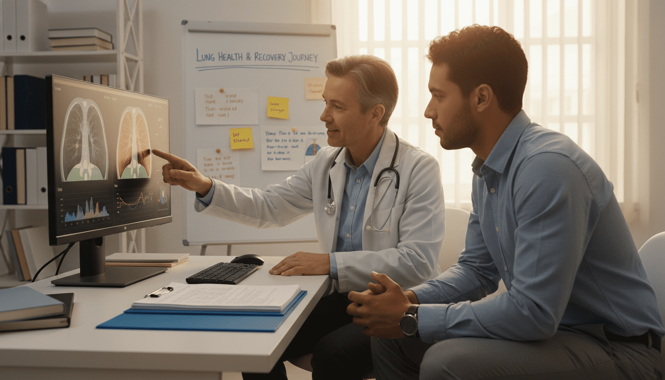 A focused medical office featuring a compassionate doctor and a patient in professional attire engaged in a hopeful conversation about lung cancer recovery. In the foreground, the doctor, a middle-aged person with a gentle smile, is pointing at a computer screen displaying a lung scan with clear diagnostic images. The patient, a young adult in casual but modest clothing, looks attentive and relieved. In the middle ground, a bright and organized workspace with charts about lung health and inspirational recovery stories on the walls. The background shows medical books and a window with natural light streaming in, creating an uplifting atmosphere. The scene is shot with a warm, soft lighting approach, enhancing feelings of hope and support.