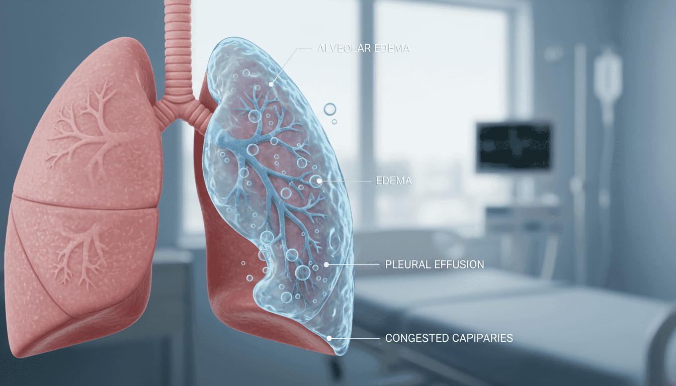 A highly detailed medical illustration depicting the concept of "water in the lungs." In the foreground, a close-up view of healthy human lungs is juxtaposed with translucent overlays of fluid to represent the presence of water, highlighting the abnormality. In the middle ground, subtle anatomical labels may indicate parts of the lungs affected. The background features a soft-focus hospital setting, with soft, diffuse lighting to create a calm and clinical atmosphere. The scene should evoke a sense of seriousness and concern, yet remain educational. Employ macro lens detailing to capture texture and clarity of the lung tissues, ensuring no human figures are present.
