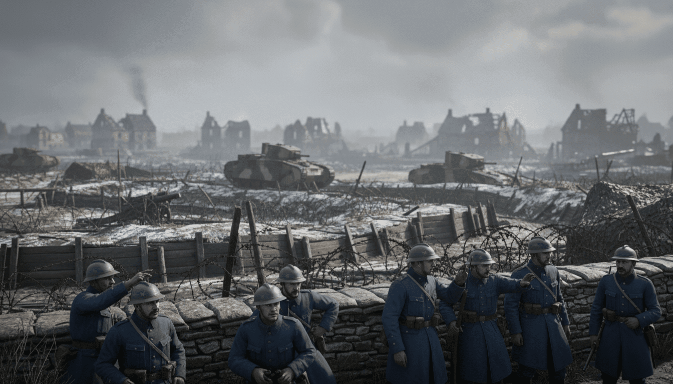Le Xon : origine et sens du terme 1 A historical battlefield scene depicting a strategic border position from February 1915 during World War I. In the foreground, a group of soldiers in early 20th-century military uniforms are observing the terrain, some using binoculars. The middle ground showcases a series of trenches and barbed wire, with a few tanks and artillery pieces strategically placed. In the background, a blurry outline of a war-torn village under a cloudy sky adds a somber mood. The lighting casts dramatic shadows, highlighting the tension of the scene. The angle is slightly elevated, giving a panoramic view of the conflict zone. The overall atmosphere conveys a sense of urgency and determination, reflecting the historical context of the era.