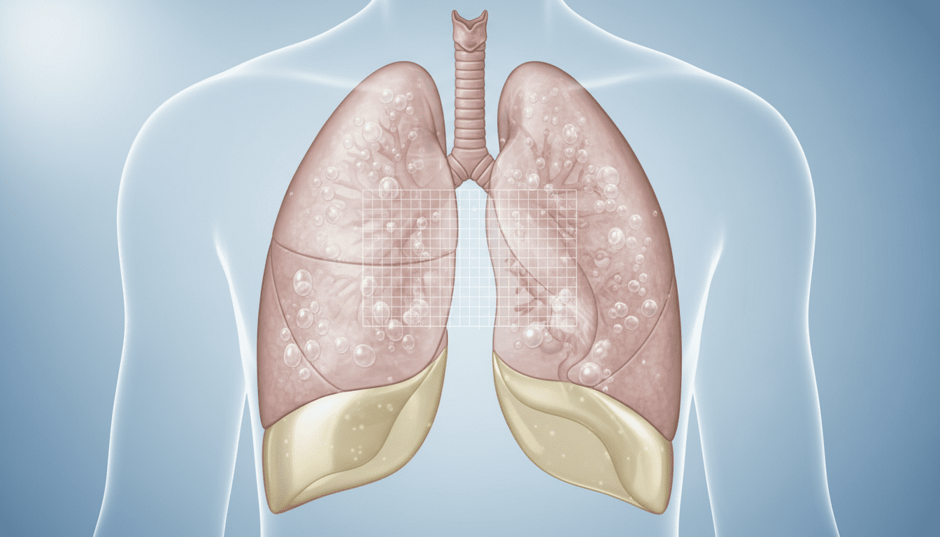 A medical illustration depicting pulmonary edema with pleural effusion, showcasing an anatomical view of human lungs displaying fluid accumulation. In the foreground, the lungs are rendered with detailed textures, highlighting swollen tissues and fluid bubbles. The middle ground includes a transparent overlay of a medical grid, illustrating the anatomy and fluid dynamics. The background features a soft, clinical setting with a cool blue and white color palette to evoke a sense of professionalism and cleanliness. The lighting is bright and diffused, emphasizing clarity and detail. The atmosphere is serious yet educational, aimed at conveying a deeper understanding of the condition. No text or captions are included in the image.