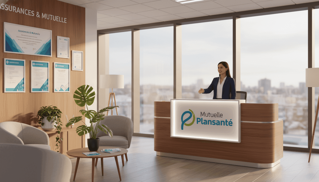 A modern and inviting office reception area representing "Mutuelle Plansanté" insurance, featuring a sleek wooden reception desk with a friendly professional woman in business attire greeting clients. In the foreground, a welcoming seating area with comfortable chairs and small coffee tables, adorned with leaf plants for a touch of nature. The middle ground showcases a wall with framed certificates and membership plans displayed, symbolizing trust and professionalism. The background includes large windows allowing natural light to illuminate the space, creating a warm atmosphere. Soft, diffused lighting enhances the calm and reassuring mood, with a subtle depth of field to focus on the main subjects while blurring the background slightly.
