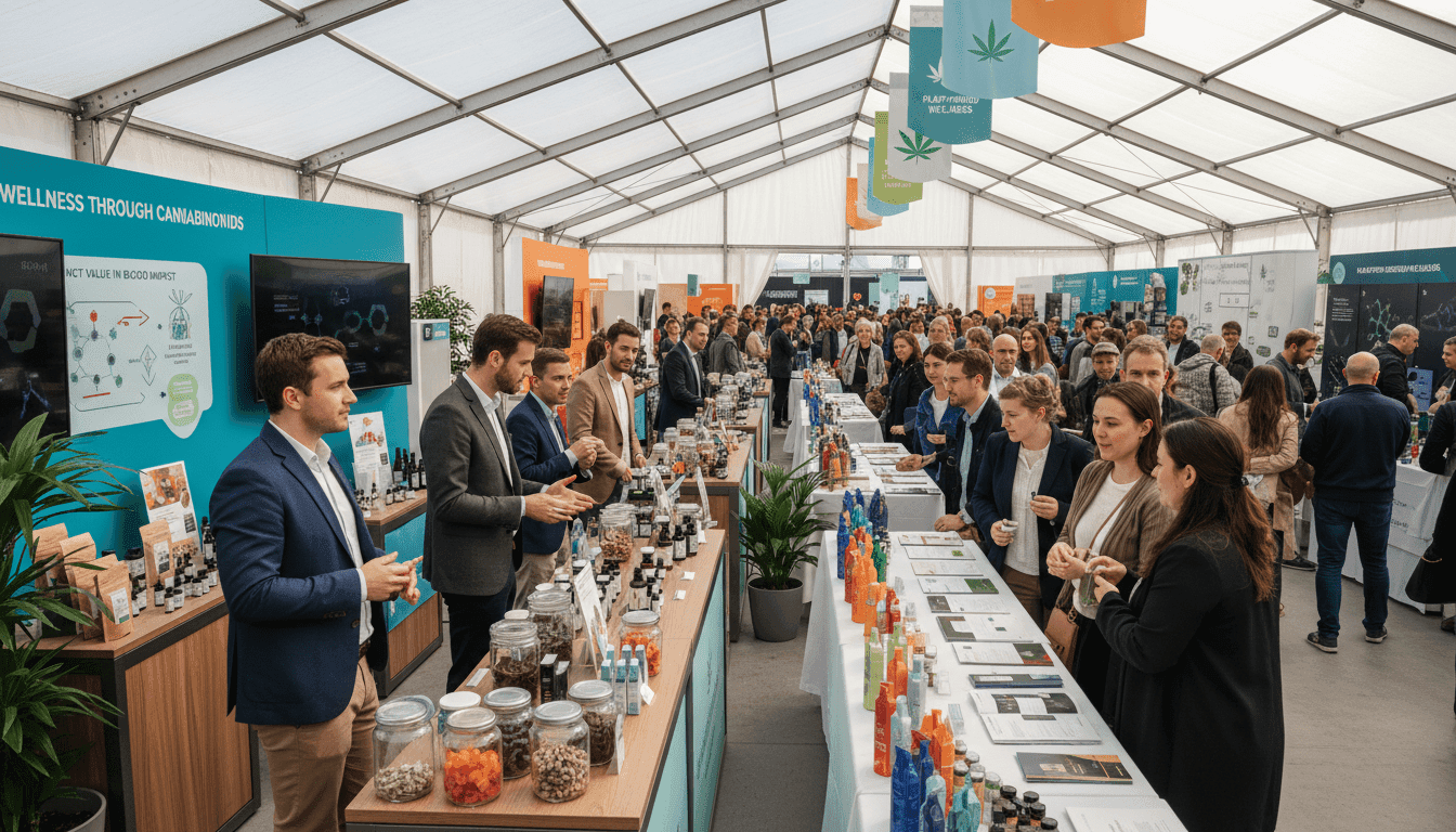 A modern and vibrant marketplace dedicated to cannabinoid products, showcasing various stalls with products like oils, edibles, and herbal remedies. In the foreground, professional vendors in business attire engage with customers, discussing the benefits of cannabinoid products. The middle ground features colorful displays of packaging and informational brochures highlighting the HCT value in blood analysis. The background showcases a bustling crowd with people of diverse backgrounds, emphasizing a sense of community and interest in cannabinoid wellness. Soft, natural lighting filters through a tented roof, creating a warm and inviting atmosphere. The angle captures a dynamic perspective, making the marketplace feel alive and engaging.