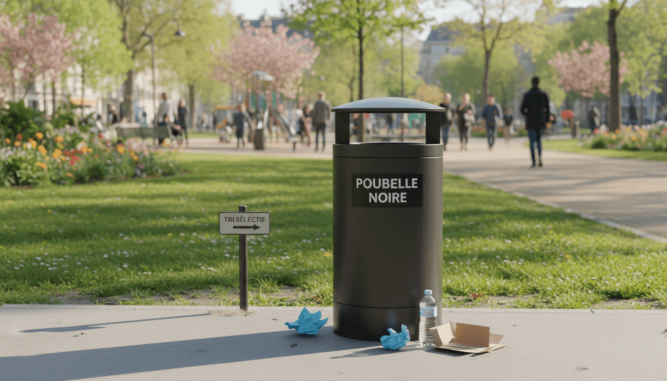 A modern black waste bin, known as "poubelle noire," prominently displayed in an urban environment. In the foreground, the bin is positioned on a clean sidewalk, showcasing its sleek design with a closed lid, emphasizing its role in waste segregation. Surrounding the bin are scattered recyclable materials like paper and plastic, hinting at proper waste management practices. In the background, a sunny park scene unfolds, with greenery and distant trees creating a sense of harmony between urban living and the environment. Soft sunlight filters through the trees, casting gentle shadows that enhance the mood of cleanliness and responsibility. The image captures the essence of usage, sorting, and regulations associated with waste disposal, aiming to inspire eco-conscious attitudes in viewers.