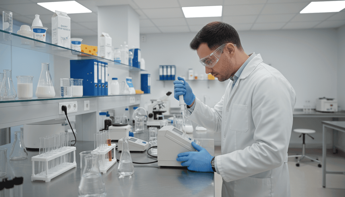 A modern laboratory scene focused on the concept of milk quality testing. In the foreground, a laboratory technician wearing a white lab coat and safety goggles is analyzing a sample of milk using precise measuring tools. The technician is engaged and focused, showcasing dedication to high standards. In the middle ground, a well-organized lab bench holds various scientific equipment like test tubes, beakers, and a microscope, reflecting a professional environment. The background features clean, bright shelves filled with informational materials and dairy product samples. The atmosphere is bright and sterile, illuminated by soft, diffused lighting from overhead fixtures, creating an inviting yet efficient workspace. The angle captures a slight depth of field, emphasizing the technician's meticulous work while preserving the larger laboratory context.