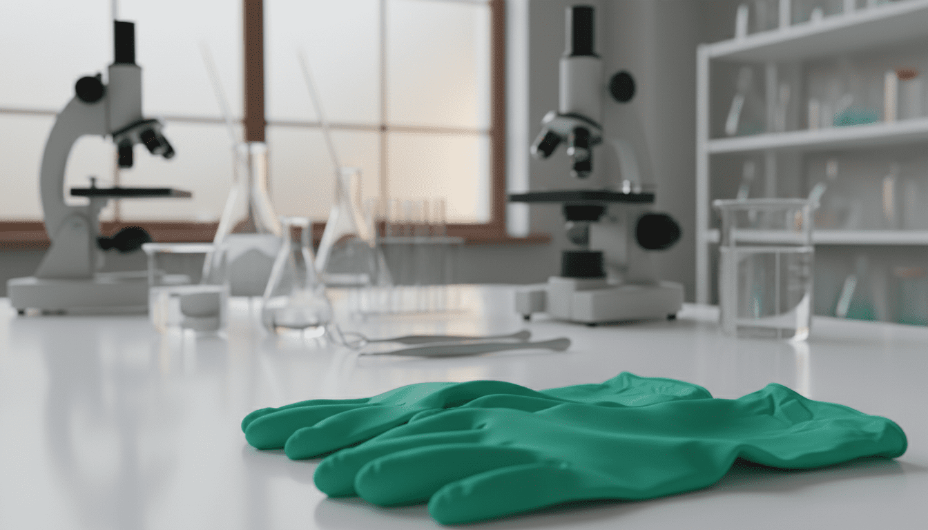 A pair of vibrant green latex gloves sits prominently in the foreground, showcasing their glossy texture and snug fit. The gloves are placed on a clean, white surface, emphasizing their color and material. In the middle ground, there are various laboratory tools and equipment softly blurred, indicating an environment where these gloves would typically be used, such as a medical or research setting. The background features soft, diffused lighting that creates a sterile yet inviting atmosphere, hinting at safety and professionalism. The overall mood is clean and clinical, ideal for illustrating the practical usage and benefits of green latex gloves in safety standards and applications. The image captures the essence of protection and reliability.