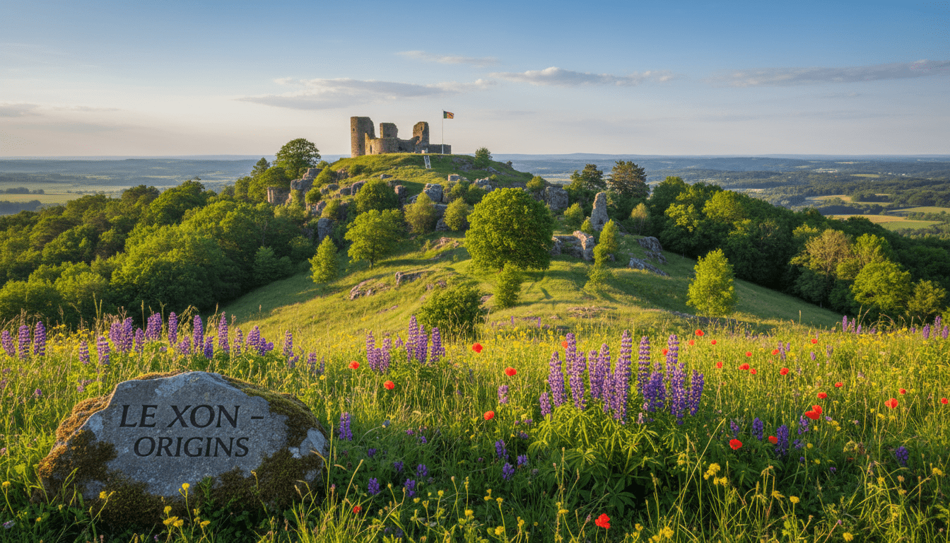 A panoramic view of the Xon strategic hill in Lorraine, showcasing its distinct topography and dense greenery. In the foreground, detailed wildflowers bloom, adding vibrant colors alongside patches of rich green grass. The middle ground features the gently sloping hill with a mix of trees and rocky outcrops, crowned by an ancient stone fortification, embodying historical significance. In the background, the rolling hills of Lorraine stretch under a clear blue sky, with soft, wispy clouds. The scene is bathed in warm, golden sunlight, creating a serene and contemplative atmosphere. Capture this from a slightly elevated perspective, using a wide-angle lens to emphasize the hill's prominence in the landscape, evoking a sense of history and connection to the origins of "Le Xon."