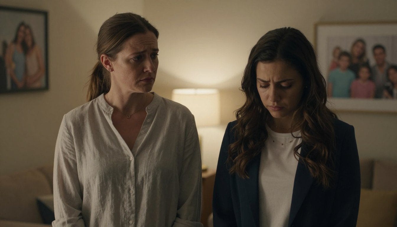 Déçue par ma fille adulte : comment gérer cette situation ? 1 A poignant scene depicting a mother and adult daughter in an emotionally charged moment, standing in a softly lit living room. The mother, wearing a modest casual blouse, has a somber expression, gazing sadly at her daughter. The daughter, dressed in a smart casual outfit, looks down, her body language conveying disappointment and vulnerability. The foreground should focus on their faces, capturing the deep emotional disconnect between them. In the background, a warmly lit room with family photos hints at happier times. The lighting is soft, creating a melancholic yet intimate atmosphere, with a slight depth of field to emphasize the emotional expressions and foster empathy in the viewer.