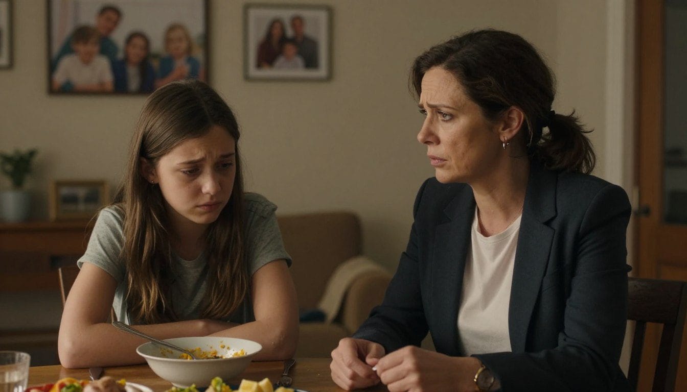 A poignant scene depicting the complex relationship between an adult mother and daughter. In the foreground, a middle-aged woman in professional attire, with an expression of disappointment and concern, looks at her daughter, who appears to be in her late twenties, dressed in modest casual clothing, reflecting a mixture of frustration and sadness. They are seated at a cozy dining table, surrounded by a bowl of half-eaten food, suggesting an unresolved conversation. The middle ground features warm, muted lighting that casts soft shadows, emphasizing the emotions in their expressions. In the background, a homey living space with family pictures on the walls conveys a sense of history and shared memories, enhancing the mood of tension mixed with longing for connection. The overall atmosphere is heavy yet intimate, capturing the struggle of navigating difficult familial relationships.