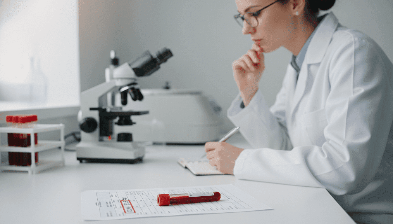 A professional medical laboratory scene, focusing on a blood test report highlighting TCMH results. In the foreground, a clean, organized laboratory table displays a bright red blood sample in a clear vial alongside a detailed blood test report with clearly marked TCMH levels. In the middle ground, a healthcare professional in a white lab coat examines the report with a thoughtful expression, wearing glasses, and taking notes with a pen. The background features blurred medical equipment like microscopes and centrifuges, with soft, diffused lighting casting a calm, informative atmosphere. The image conveys clarity and understanding, ideal for illustrating the explanation of blood analysis results.