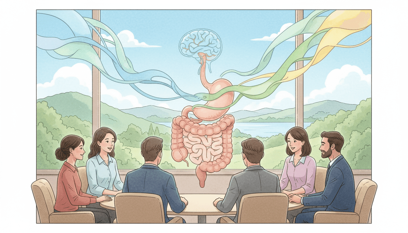 A serene and harmonious illustration representing the connection between digestive health and emotions. In the foreground, a calm, diverse group of individuals in professional attire sits together in a cozy, well-lit workspace, engaging in thoughtful conversation. Their expressions convey empathy and understanding. The middle ground features subtle visual metaphors, like abstract representations of the digestive system intertwined with gentle, swirling colors symbolizing emotions — blues for calmness, greens for health, and warm yellows for positivity. The background showcases a peaceful nature scene with soft greenery and a clear blue sky, suggesting tranquility and balance. The overall mood is one of warmth, support, and emotional well-being, enhanced by soft, natural lighting that creates a welcoming atmosphere.
