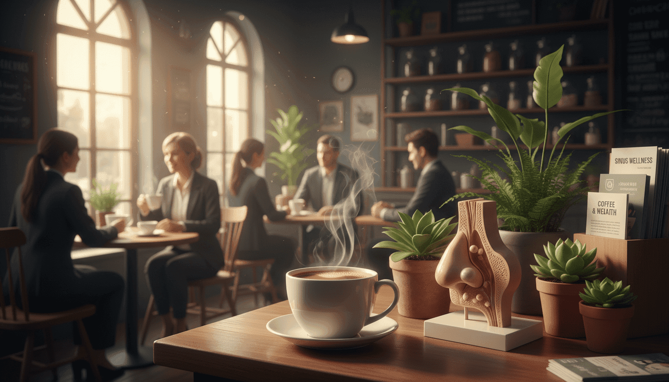 A serene café setting with warm, inviting lighting that highlights a steaming cup of coffee placed on a wooden table, surrounded by green plants. In the foreground, an anatomical model of a human nasal cavity, subtly designed, demonstrates polyp formation, contrasting with the coffee. The middle ground features a cozy café scene with patrons enjoying their drinks and engaging in conversation, dressed in professional attire. Soft sunlight filters through large windows, creating a warm and calming atmosphere. The background includes shelves filled with coffee beans and health-related pamphlets, suggesting the connection between coffee consumption and nasal health. The overall mood is one of curiosity and relaxation, blending the themes of health and enjoyment.