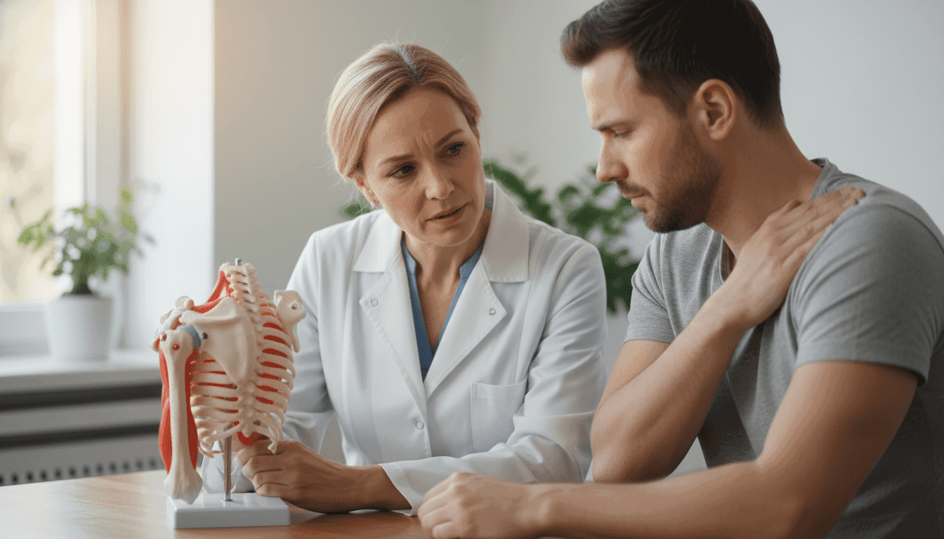 A serene consultation room depicting a healthcare professional, dressed in a white coat and professional attire, observing a patient who is gently holding their left shoulder in discomfort. The foreground features the professional with a concerned yet compassionate expression, while the patient appears contemplative, reflecting pain in their left scapula area. In the middle ground, a anatomical model of the human shoulder is displayed on a table, subtly indicating the focus on the left shoulder region. The background includes soft, natural lighting filtering through a window, creating a calm atmosphere. Use a slightly blurred depth of field to emphasize the subjects, capturing a moment of empathy and understanding in a healthcare setting.