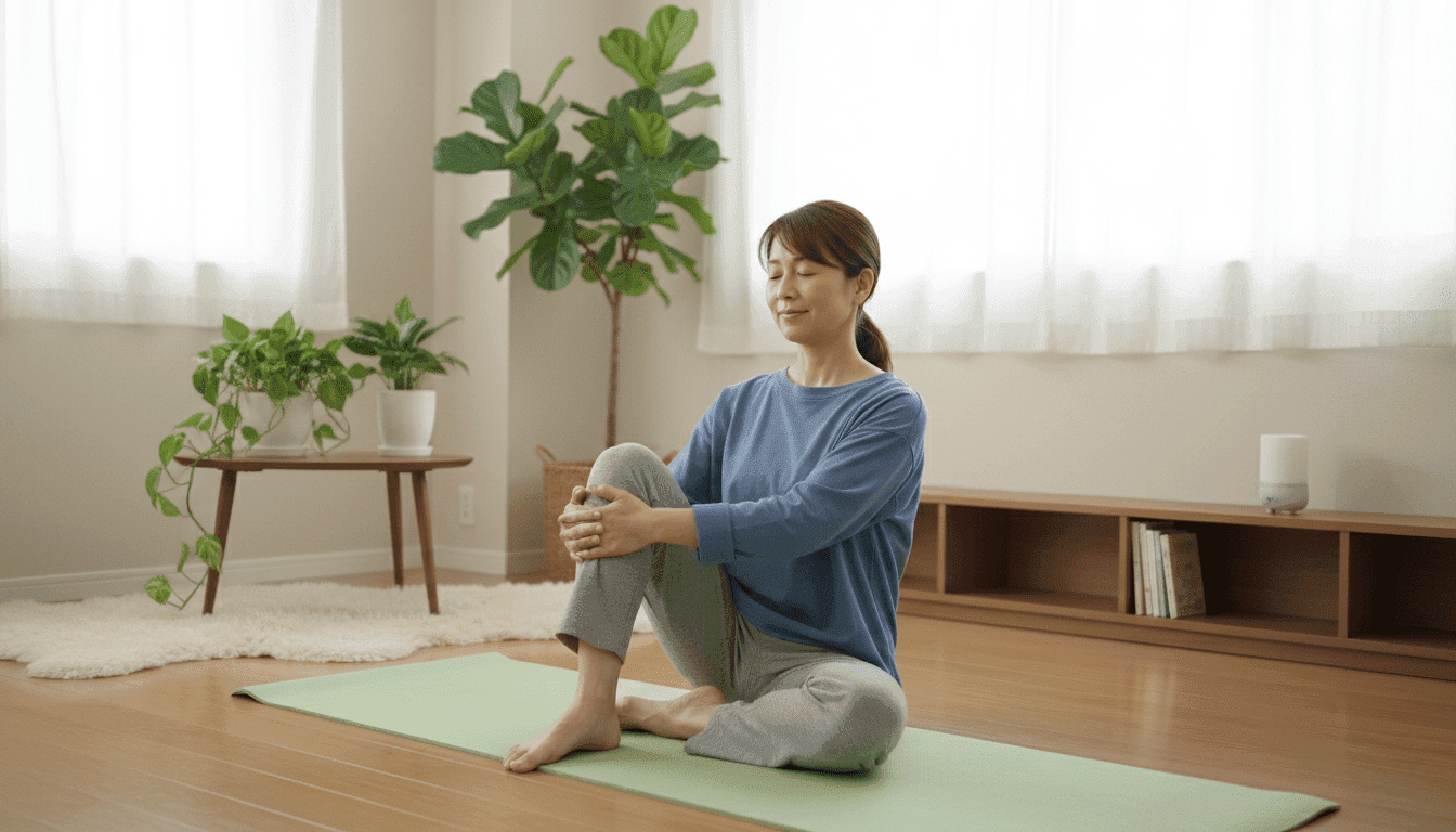 A serene indoor setting showcasing a person experiencing relief from sciatic pain. In the foreground, a middle-aged individual, dressed in modest casual clothing, performs a gentle stretching exercise on a yoga mat, focusing on the lower back and leg. The middle ground features an array of calming elements like potted plants and a soft rug, contributing to a peaceful atmosphere. The background consists of light-colored walls and soft natural light filtering through a window, illuminating the space. Capture this moment from a slightly elevated angle to emphasize the individual's form and the tension being alleviated. The mood is tranquil and hopeful, symbolizing healing and well-being, while avoiding any distraction from the main subject.