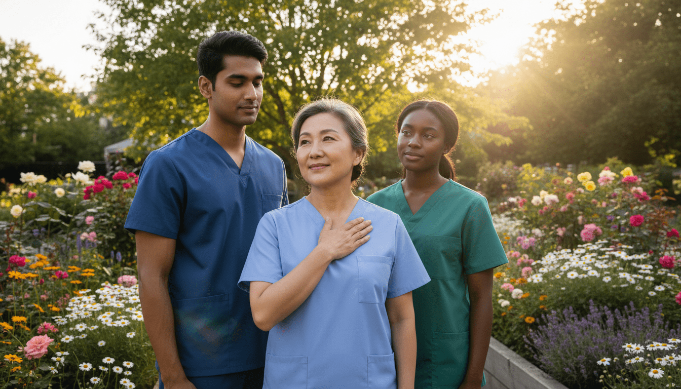 A serene setting depicting a diverse group of three individuals, radiating hope and resilience in their professional attire, standing in a sunlit hospital garden. In the foreground, a middle-aged woman, smiling gently, has her hand placed over her heart, symbolizing gratitude. Beside her, a younger man, with a supportive demeanor, shares an encouraging glance. In the background, blooming flowers and leafy trees reflect vitality and growth, while soft sunlight filters through, casting a warm glow. The atmosphere is calm and uplifting, conveying a sense of healing and optimism. The composition should be slightly angled to emphasize the bond between the individuals, capturing a moment of shared hope against the challenges of a health crisis.