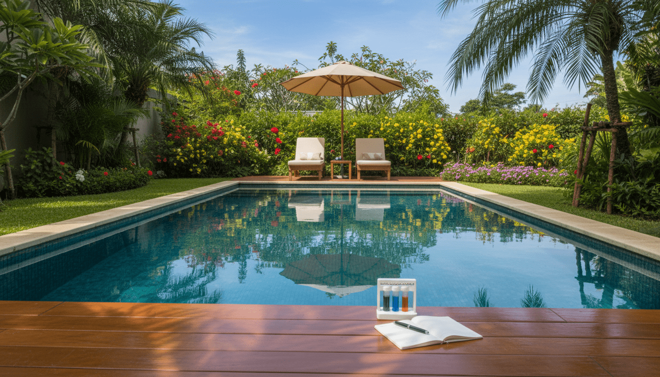 A serene swimming pool surrounded by lush greenery, showcasing crystal-clear water that reflects the vibrant blue sky. In the foreground, a small test kit for analyzing water quality is placed on a polished wooden deck. The middle ground features the poolside area, with elegant lounge chairs and a shaded umbrella. Soft sunlight filters through the leaves, creating dappled patterns on the water's surface. In the background, a well-maintained garden with colorful flowers adds to the tranquil atmosphere. The image should be captured from a slightly elevated angle, emphasizing the pool's clarity and cleanliness, evoking a sense of peace and preparation for seasonal maintenance. The mood is calm and inviting, perfect for illuminating the importance of water quality in pool care.