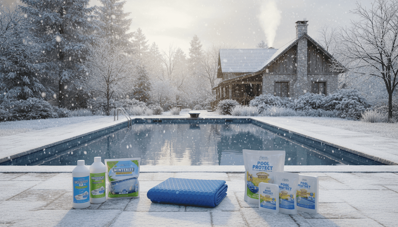 A serene winter scene showcasing a well-maintained swimming pool, surrounded by snow-covered trees and gently falling snowflakes. In the foreground, a neatly arranged display of various pool winterization products, such as liquid algaecide and floating pool covers, showcases their bright, appealing packaging. The middle ground features the elegant, still water of the pool reflecting the muted winter light, creating a calm and inviting atmosphere. The background includes a cozy house with smoke coming from the chimney, suggesting warmth and comfort inside. Soft, diffused lighting casts a peaceful glow across the scene, capturing the essence of winter preparation for pool owners. The angle is slightly elevated, giving a comprehensive view of the entire setting without any people present.