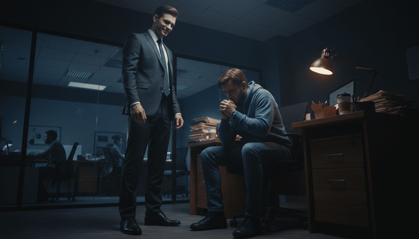 A shadowy office environment illustrates the theme of narcissistic manipulation. In the foreground, a cold, unfeeling figure dressed in formal business attire with a sly smile stands, engaging with a distressed individual seated at a desk. The distressed person, wearing modest casual clothing, appears conflicted and anxious, symbolizing the emotional turmoil caused by the manipulator. The middle ground features a cluttered desk with scattered papers and a dimly lit lamp casting harsh shadows, enhancing the atmosphere of tension and unease. In the background, blurred silhouettes of colleagues can be seen, hinting at their obliviousness to the ongoing manipulation. The overall mood is dark and oppressive, illuminated by a single, slightly flickering light, creating a sense of foreboding and intrigue. Capture this dramatic contrast in a well-composed image, shot from a slightly low angle to heighten the psychological power dynamics.