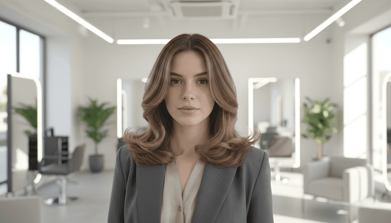 A stylish, layered medium-length hair cut showcasing a tapered, graduated bob with soft, flowing strands. The hair is elegantly styled, with a natural shine and gentle waves that frame the face. The model is a young woman dressed in a professional outfit, standing in a bright, airy salon with modern decor. The lighting is soft and flattering, highlighting the texture and movement of the hair, with a shallow depth of field focusing on the details of the coupe while slightly blurring the background. The mood conveys sophistication and confidence, inviting viewers to consider the versatility of this haircut for various face shapes and styles.