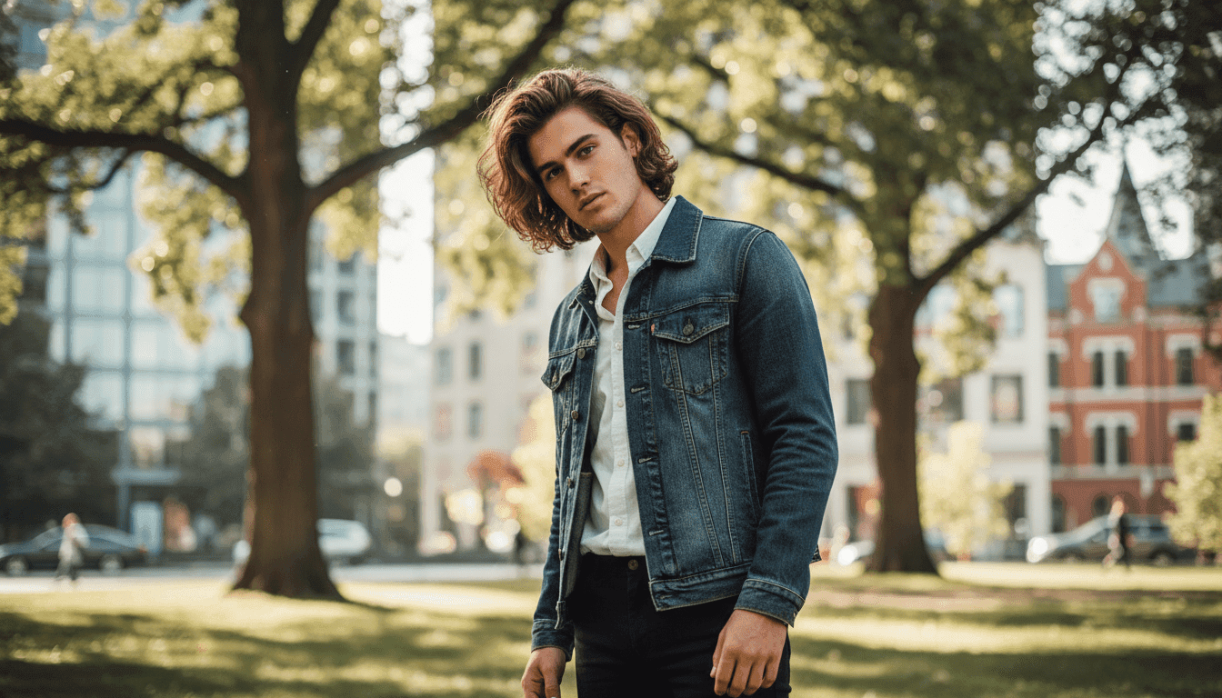 A stylish young man with mid-length hair, showcasing a modern, casual hairstyle, stands confidently in the foreground. His hair is textured and slightly wavy, catching the soft, natural light that highlights its rich color. He wears a smart-casual outfit, featuring a crisp white shirt under a dark denim jacket. The background consists of a bright, airy urban setting with blurred city elements like trees and buildings, evoking a trendy atmosphere. The angle is slightly tilted, presenting a dynamic view of the subject. Overall, the mood is contemporary, relaxed, and stylish, capturing the essence of the current trend in men's mid-length hairstyles.