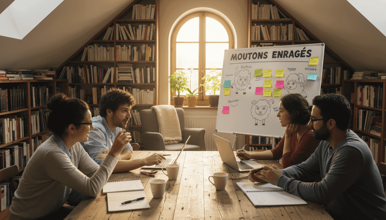 A vibrant and engaging scene depicting the birth of a blog titled "Moutons Enragés" in 2016. In the foreground, a diverse group of four individuals—two men and two women—are seated around a large wooden table, deeply engaged in discussion. They are depicted in modest casual clothing, sharing ideas and brainstorming, with laptops and notebooks scattered across the table. The middle ground features a whiteboard filled with colorful sticky notes and sketches representing various topics. In the background, a cozy workspace adorned with bookshelves filled with literature and a large window allowing warm, natural light to flood in, creating an inviting atmosphere. The overall mood is collaborative and creative, reflecting innovation and passion in the digital age.
