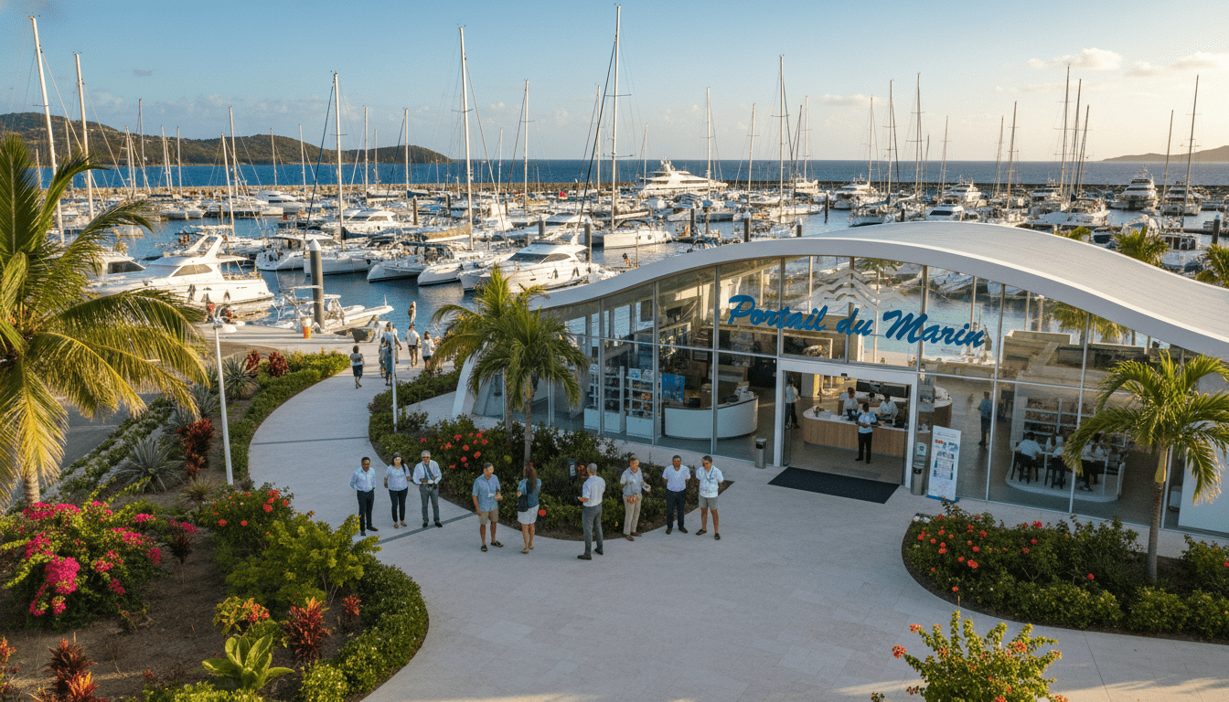 A vibrant and inviting scene of the Portail du Marin, showcasing a bustling marina filled with various boats and yachts of different sizes, set against a clear blue sky. In the foreground, there are well-maintained pathways lined with tropical vegetation and palm trees, leading towards a modern, stylish building that houses service offices and shops. The middle ground features tourists and locals casually interacting, some engaged with service staff, all dressed in professional business attire or modest casual clothing. The background reveals the shimmering water of the marina and distant hills, bathed in warm sunlight, creating a friendly and welcoming atmosphere. The image should have a slightly elevated angle to encompass the full view of the marina and its surroundings, highlighting its importance as a hub for services and information.