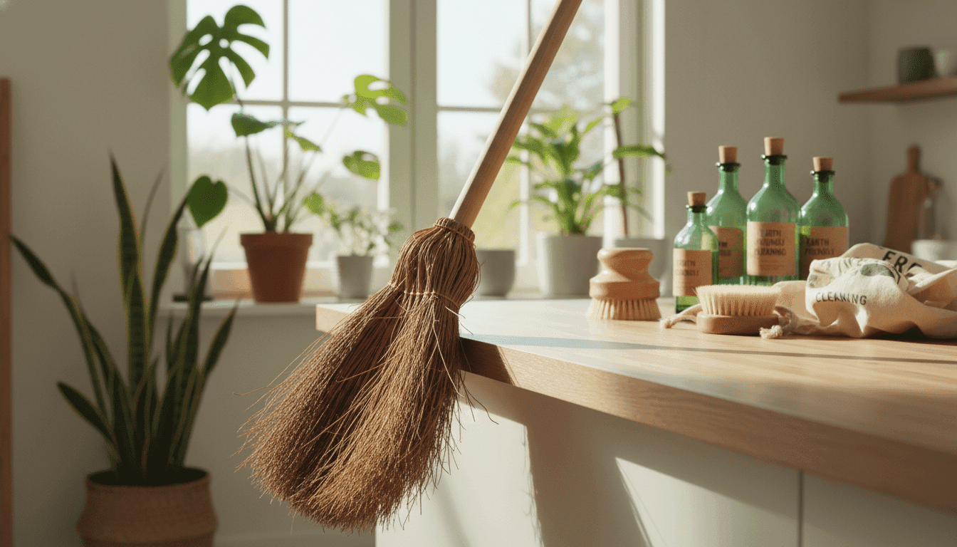 A vibrant eco-friendly coco broom made of natural coconut fibers, prominently displayed in the foreground, resting against a clean, minimalist wooden surface. In the middle ground, a bright, sunlit kitchen setting showcases environmentally-conscious cleaning products arranged neatly on a counter. Soft, natural light filters through a window, casting gentle shadows that enhance the texture of the broom's fibers. The background features green potted plants, emphasizing sustainability and a fresh atmosphere. The mood is inviting and warm, capturing the essence of using eco-friendly cleaning tools. The scene is photographed at eye-level, focusing on the broom to convey its significance in choosing an eco-friendly lifestyle.