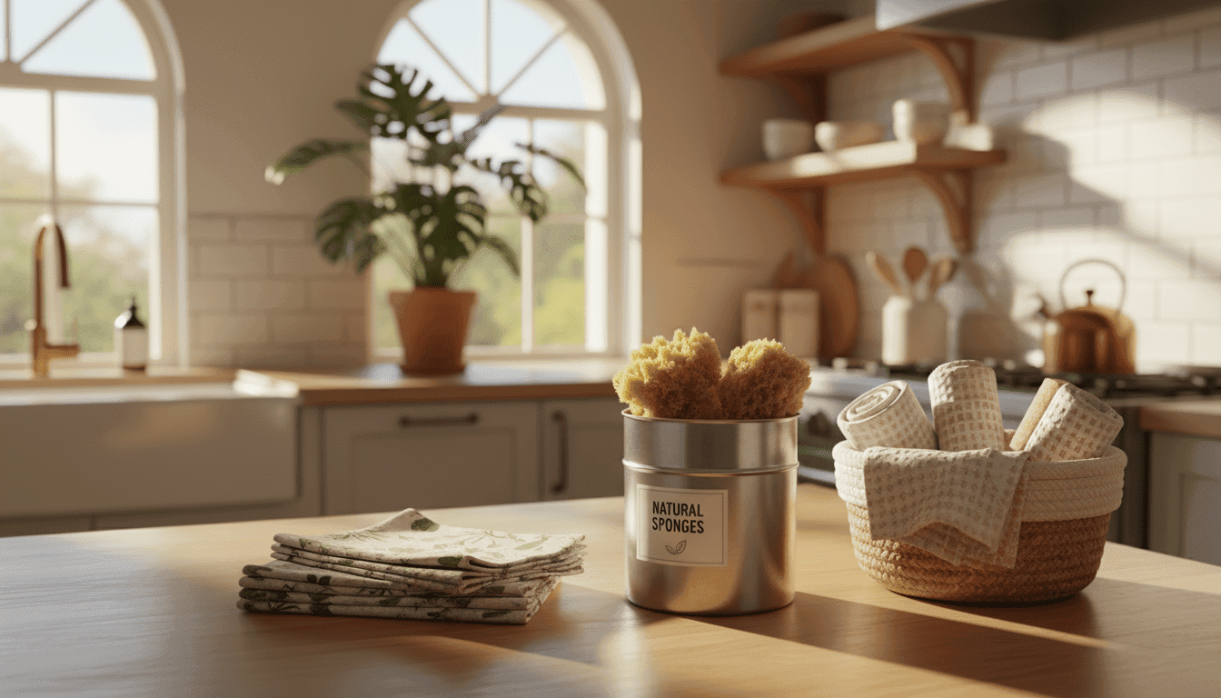 A vibrant kitchen scene showcasing eco-friendly alternatives to paper towels. In the foreground, a wooden countertop displays reusable bamboo cloths and a stylish metal container filled with natural sponges. The middle ground features a green, potted plant and a small basket of organic cotton dishcloths, emphasizing sustainability. In the background, sunlit windows allow warm, soft light to bathe the scene, highlighting the textures of the materials. The overall atmosphere is fresh, inviting, and clean, conveying a sense of responsibility towards the environment. Use a warm color palette to enhance the mood, and ensure the scene is well-composed with a slightly elevated angle for depth.