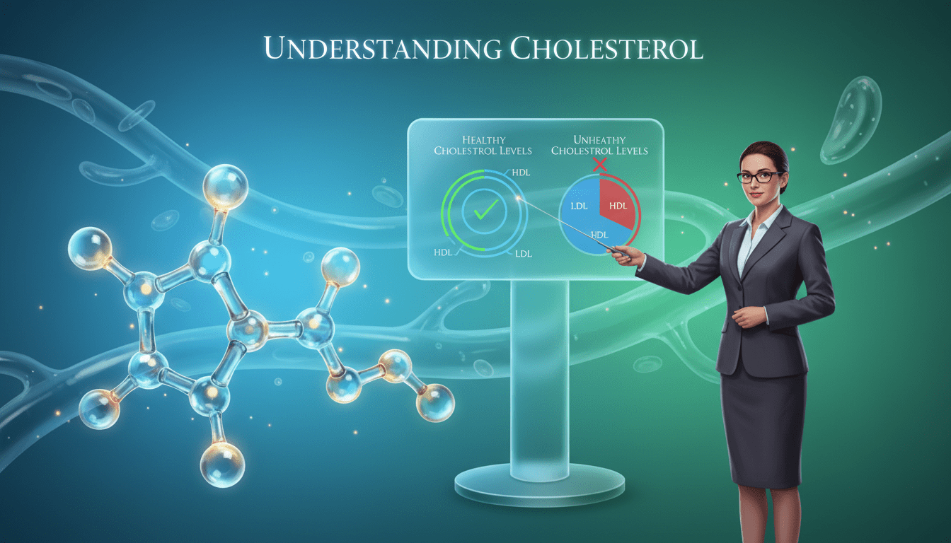 A visually engaging illustration representing the understanding of cholesterol, focusing on a transparent 3D model of a cholesterol molecule in the foreground, highlighted with soft lighting to emphasize its structure. In the middle ground, include an educational display featuring diagrams of healthy and unhealthy cholesterol levels, accompanied by a professional individual in business attire pointing to the diagrams, conveying a sense of clarity and authority. The background should consist of a subtle gradient of blue and green hues, symbolizing health and vitality, with ethereal figures of arteries to suggest cardiovascular context. The atmosphere should be enlightening and informative, evoking a sense of curiosity and understanding about cholesterol levels.