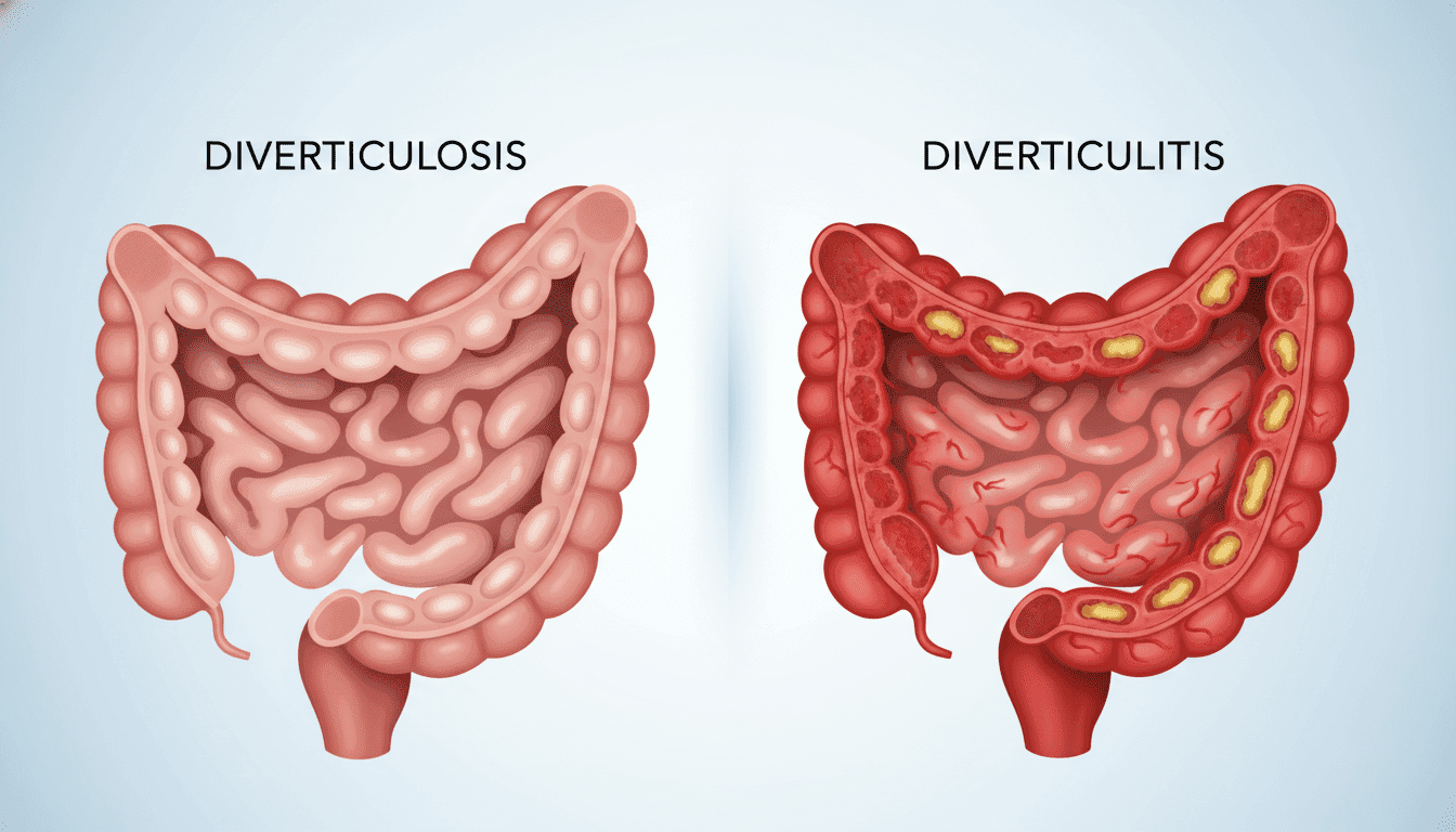A visually informative split illustration depicting the differences between diverticulosis and diverticulitis, set against a calm and sterile medical background. In the foreground, left side features a detailed anatomical representation of the colon with diverticula (small pouches) illustrated in a light color, indicating diverticulosis. On the right side, a more intense depiction of inflamed diverticula with red and yellow hues to represent diverticulitis. In the middle, a subtle gradient to signify the transition between the two conditions. Soft, diffused lighting to create a clinical and educational atmosphere. The perspective is slightly angled from above, with a focus on the anatomical features, ensuring clarity and visual impact without any text or overlays.