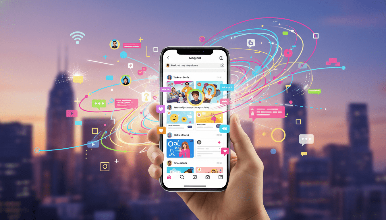 A visually striking digital illustration depicting the concept of "Instagram algorithm visibility." In the foreground, a smartphone displaying a colorful Instagram interface with engaging stories. The screen shows vibrant images and icons, symbolizing user engagement and interaction. In the middle ground, abstract graphics representing data flow and social network connections appear, illustrating the unseen mechanisms of visibility and reach. The background features a soft-focus urban landscape at twilight, with subtle references to digital communication, like glowing chat bubbles or network signals. The overall atmosphere is dynamic yet professional, suggesting a blend of technology and social interaction. Use bright, inviting colors with a bright, balanced lighting to evoke optimism and curiosity about social media engagement.