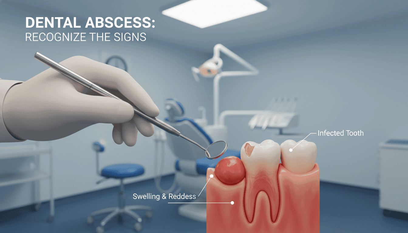 An informative illustration of dental abscess signs: in the foreground, depict a close-up of a human jaw showing inflamed gums around a tooth, with visible swelling and redness, highlighting the classic symptoms of a dental abscess; in the middle ground, include a dentist's hand holding dental tools, examining the affected area; in the background, a dental clinic environment with soft lighting illuminating the scene, creating a clinical atmosphere; use a shallow depth of field to emphasize the tooth and gum area while slightly blurring the dental tools and clinic features. The mood should be educational and clear, focused on the importance of recognizing dental health issues.