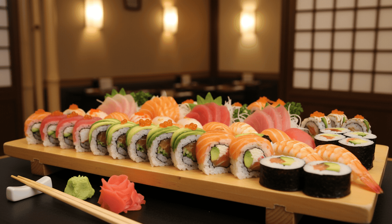 A beautifully arranged sushi platter featuring an assortment of colorful sushi rolls, sashimi, and nigiri on a traditional Japanese wooden serving board. In the foreground, add delicate chopsticks resting beside the platter, with a subtle hint of wasabi and pickled ginger. The middle ground should showcase a soft-focus background of a minimalistic Japanese restaurant setting, with bamboo accents and soft, warm lighting that creates a cozy atmosphere. Use a shallow depth of field to highlight the sushi while the background remains elegantly blurred. The overall mood is inviting and appetizing, perfect for promoting discounts on gourmet sushi dining experiences. The image should evoke a sense of indulgence and culinary delight, appealing to sushi lovers and food enthusiasts alike.