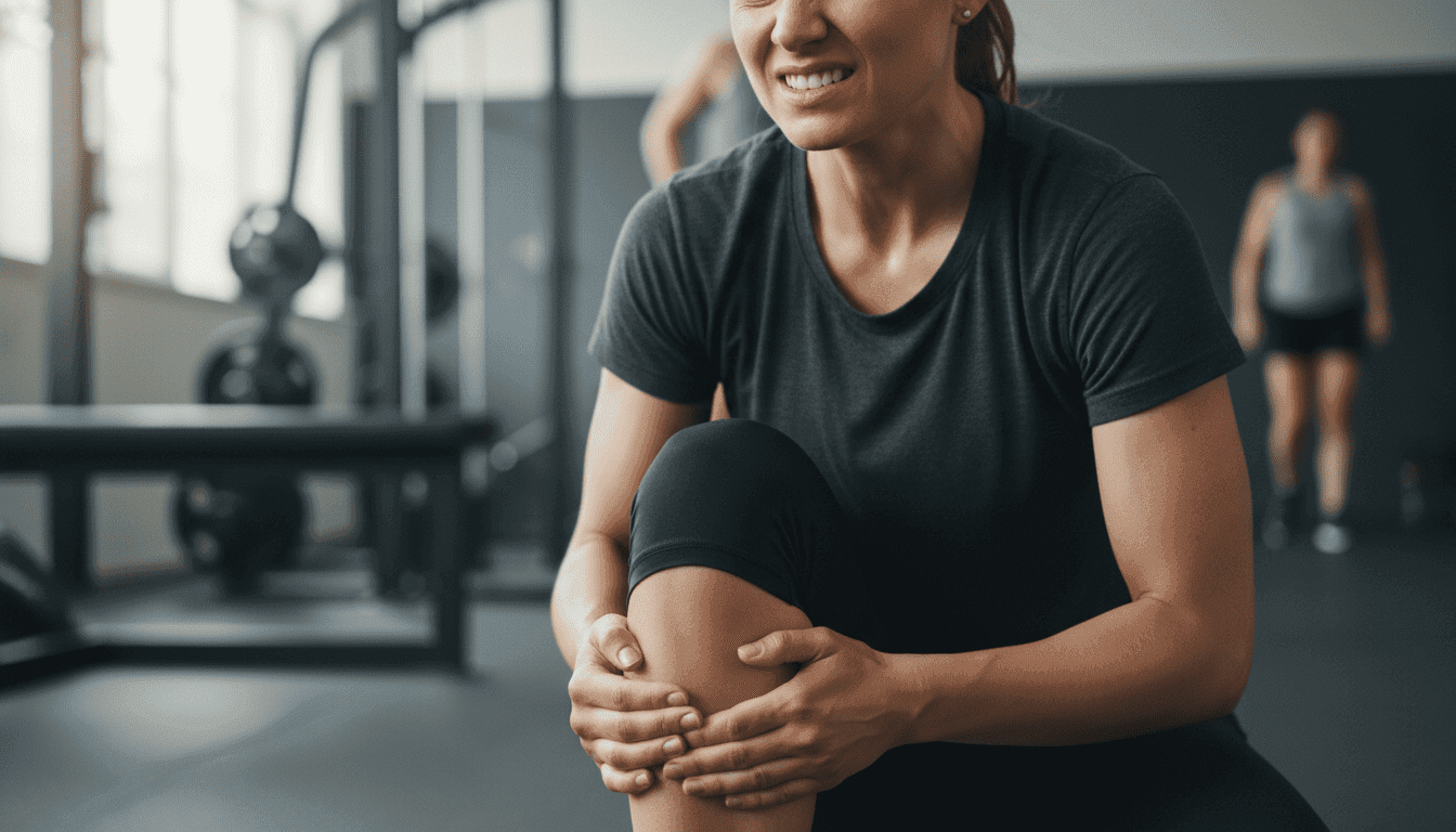 A close-up of a professional athlete demonstrating knee flexion, with a focus on the knee joint. The scene captures the athlete wearing modest sports attire, illustrating a common position of discomfort. The foreground highlights the knee, showing subtle signs of strain, while the middle ground includes the athlete's determined expression, hinting at pain. Soft, natural lighting accents the contours of the knee and leg, while a blurred gym setting in the background creates a focused yet dynamic atmosphere. The composition should evoke a sense of struggle and resilience, emphasizing the physical challenges associated with knee pain in flexion. The camera angle is slightly above eye level, providing a comprehensive view of the athlete's form.
