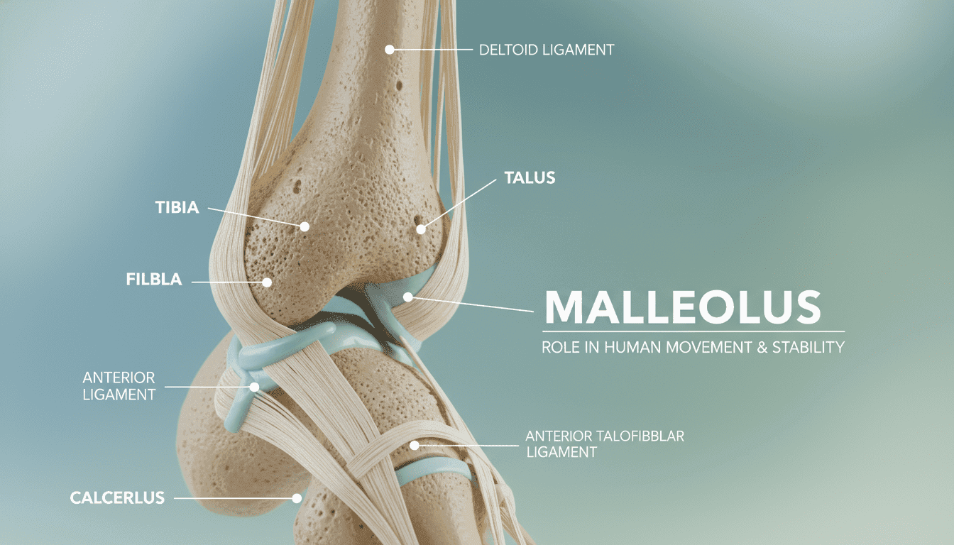 A close-up of an anatomical model of the ankle, highlighting the malléole (ankle bone) with detailed textures and labels indicating its role in human movement. The foreground features a realistic depiction of the malléole, emphasizing its structure and the surrounding ligaments. In the middle ground, show a faint gradient background of soft blues and greens to create a calm atmosphere, suggesting healing and anatomy. Utilize soft, natural lighting to enhance the textures, making the image inviting and educational. The angle should be slightly tilted to provide a dynamic view, ensuring clarity of the malléole's relationship to surrounding bones and muscles.