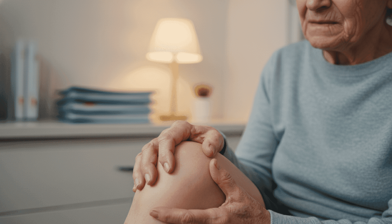 A close-up view of a human hand gently grasping a knee, showcasing signs of joint pain related to osteoarthritis. The hand is depicted in moderate detail, emphasizing swollen knuckles and visible discomfort. In the background, a softly focused room with medical charts and a gentle light source creates a calm atmosphere, suggesting a clinical setting. The lighting is warm and diffused, highlighting the texture of the skin and the grimace on the face of an elderly person, dressed in modest casual clothing, reflecting a concerned expression. There is a sense of seriousness and contemplation, inviting viewers to consider the complexities of arthrosis and potential treatments.