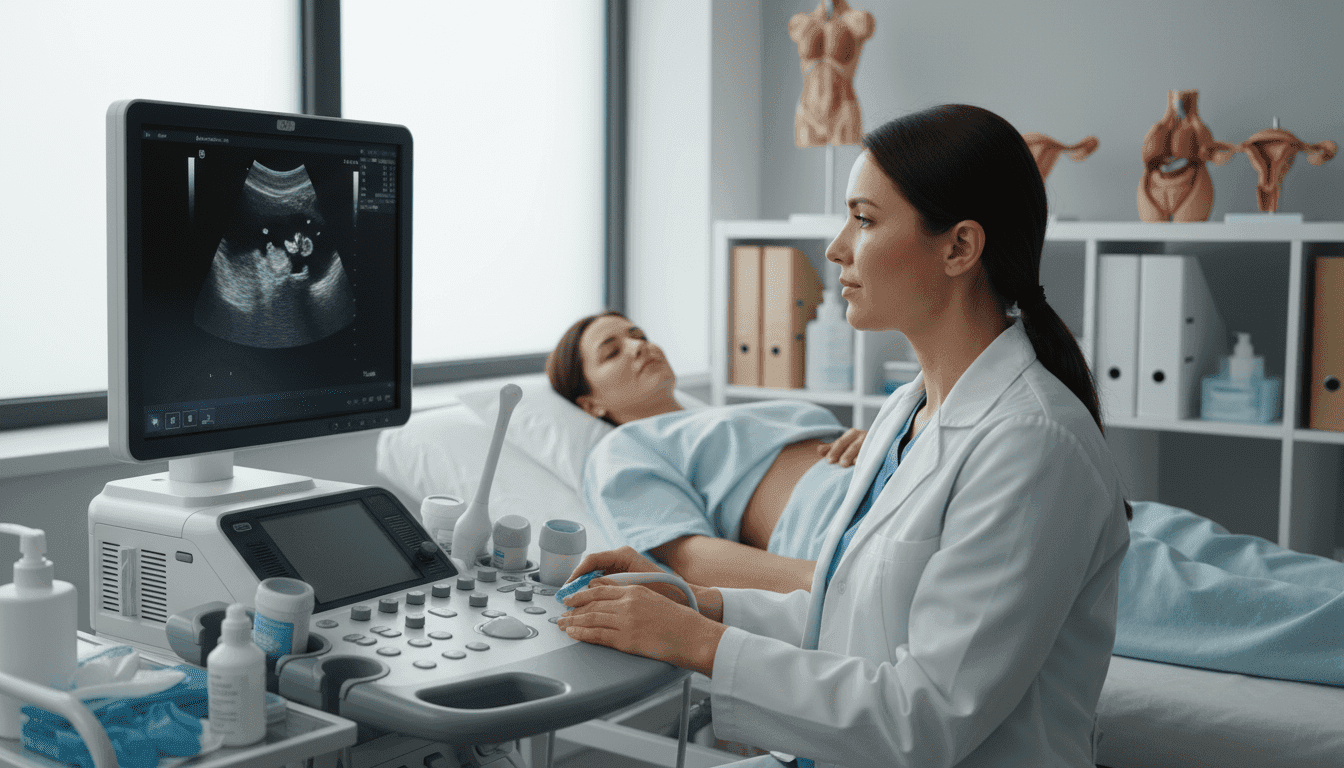 A close-up view of a professional medical setting featuring a pelvic ultrasound examination. In the foreground, a technician, dressed in a white lab coat, attentively operates an ultrasound machine displaying a live monitor image of the pelvic area. The middle ground shows a patient lying comfortably on a bed with a modest gown, surrounded by medical tools and instruments. Soft, diffused lighting creates a calm and reassuring atmosphere, enhancing the professionalism of the environment. In the background, neatly arranged medical charts and anatomical models provide context to the procedure. The overall mood is clinical yet compassionate, focusing on the importance of pelvic ultrasound in women's health.