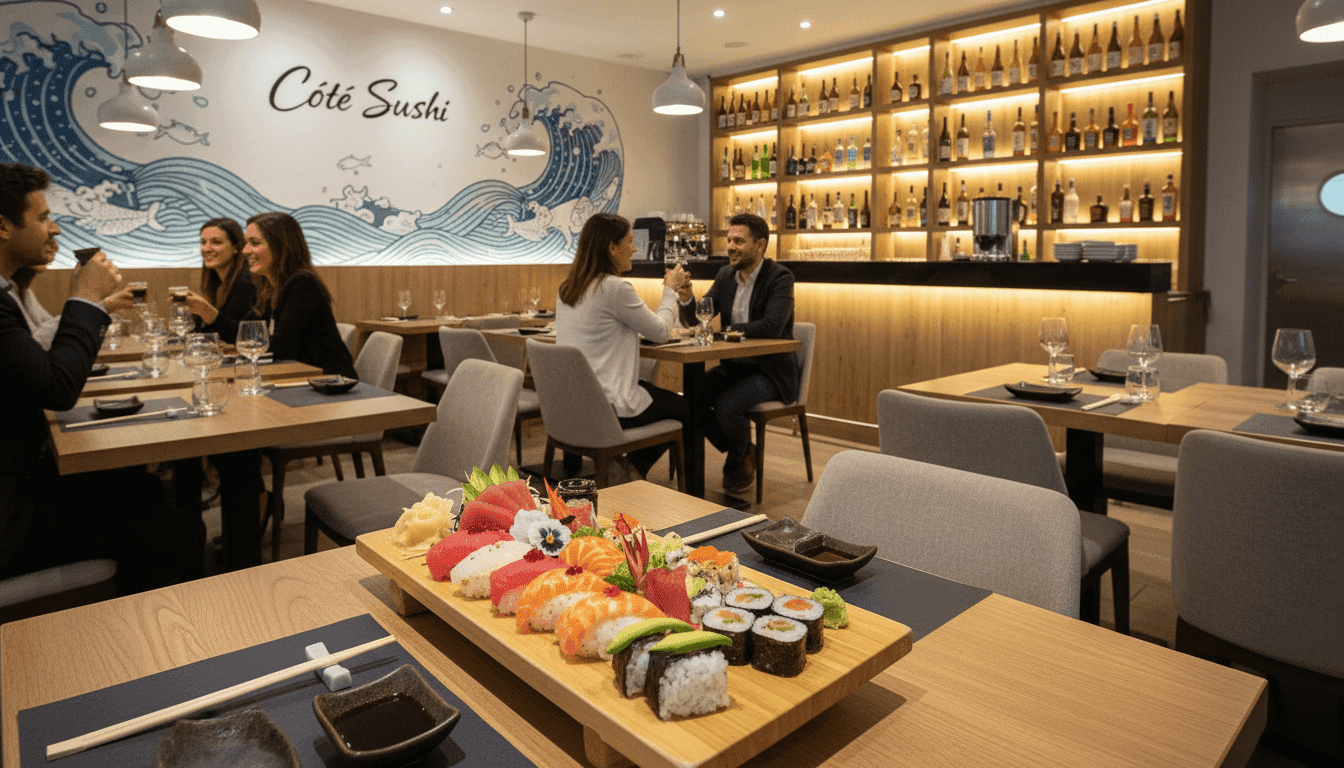 A cozy, modern sushi restaurant interior named "Côté Sushi" with sleek wooden tables set for dining. In the foreground, a beautifully arranged sushi platter with vibrant colors and delicate presentation is displayed on a table. The middle ground features customers enjoying their meals, dressed in smart casual clothing, smiling and engaging with each other. The background showcases an elegant bar area with various types of sake, soft glowing lights, and a decorative mural depicting the ocean. The warm lighting creates an inviting atmosphere, enhancing the fresh seafood delicacies. A slight overhead angle captures the entire scene, providing depth and inviting viewers into the experience of enjoying fine sushi dining.