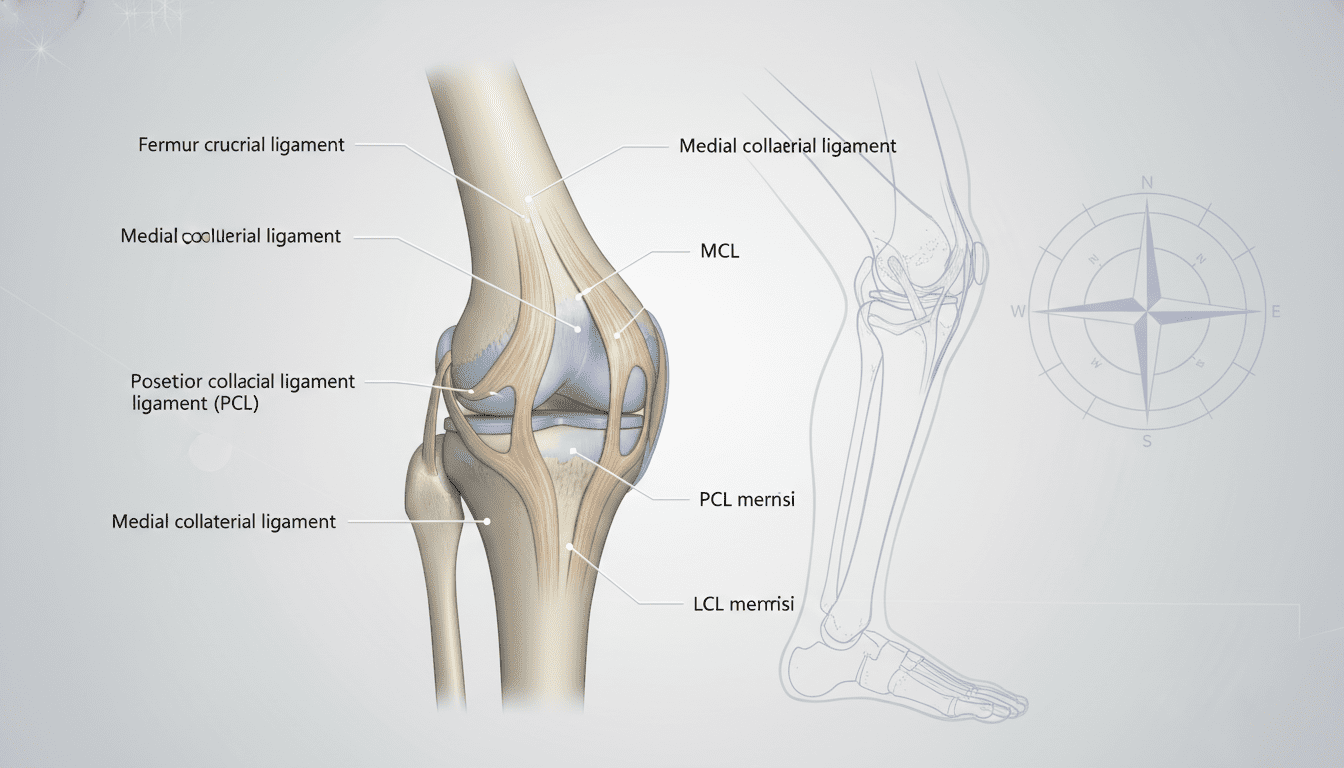 A detailed anatomical illustration of a human knee joint, showcasing its complexities in a clear and educational manner. In the foreground, depict a detailed, labeled diagram of the knee, highlighting key structures like ligaments, cartilage, and bones such as the femur, tibia, and patella. In the middle ground, include a semi-transparent overlay of the knee in a flexed position, demonstrating the biomechanical movement. The background should feature a faint grid or anatomical compass to emphasize precision. Use soft, diffused lighting to create an illustrative feel, maintaining a neutral color palette to emphasize the anatomical features. Aim for a professional and informative atmosphere that invites understanding of knee anatomy and biomechanics. The perspective should be slightly angled to present a three-dimensional view, avoiding any text or external elements.