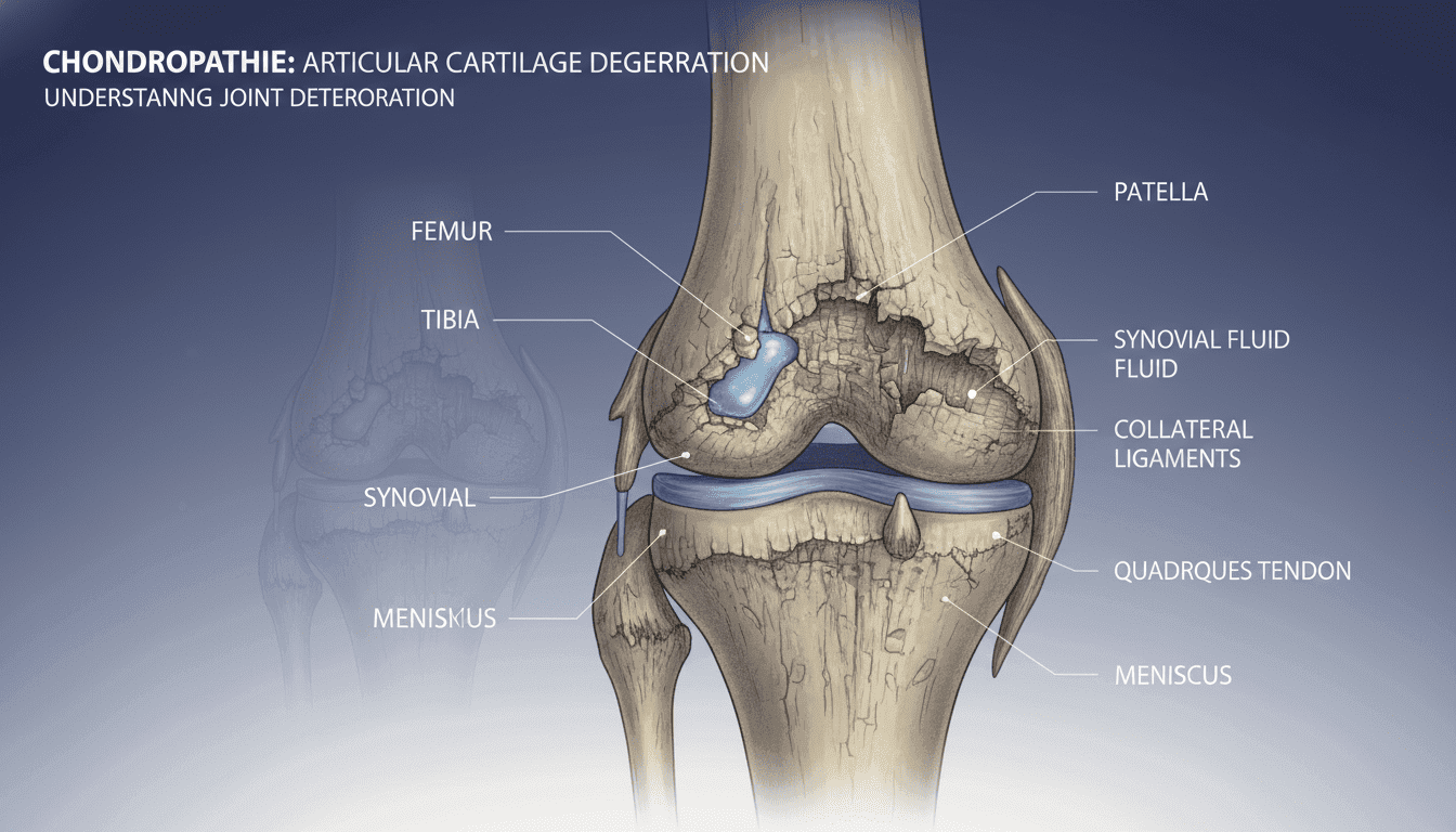 A detailed anatomical illustration of "chondropathie," highlighting joint cartilage degeneration and related structures. In the foreground, a clear close-up view of an unhealthy knee joint, showcasing worn cartilage with a focus on the surface texture and color variations. The middle ground features labeled anatomical parts such as bones, synovial fluid, and surrounding muscles in a semi-transparent overlay to enhance understanding. The background includes a subtle gradient, transitioning from dark to light to symbolize the shift from health to deterioration, with soft ambient lighting illuminating the joint details. Capture the mood of concern and urgency, conveying the importance of recognizing and treating cartilage-related issues. Use a macro lens perspective to emphasize details, with a focus on clarity and scientific accuracy.