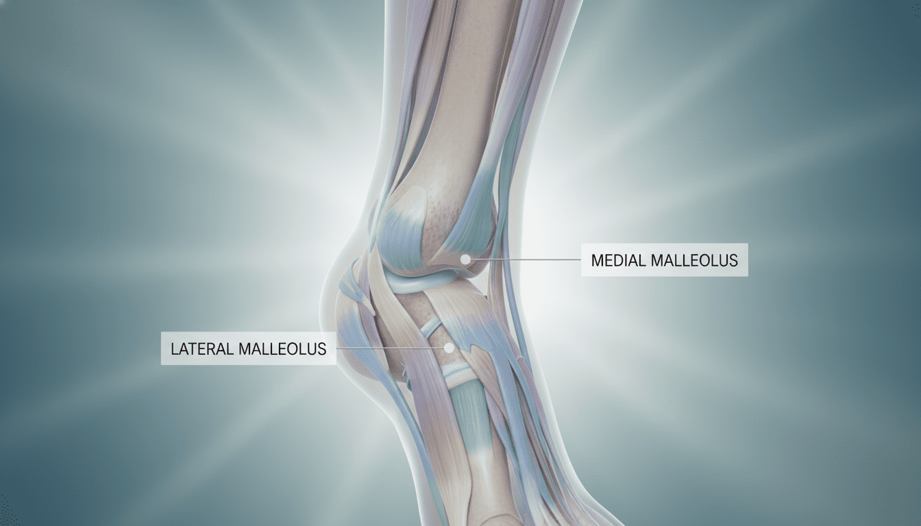 A detailed anatomical illustration of the ankle malleolus, showcasing its structure and function. The foreground features a lifelike depiction of the lateral and medial malleolus, clearly labeled for educational purposes, with the surrounding soft tissues and ligaments in soft hues to provide context. In the middle ground, the ankle joint is shown from an angled perspective, highlighting the articulation with the foot, while the background displays a subtle gradient that enhances depth and focus on the anatomy. Soft, diffused lighting casts gentle shadows, emphasizing the contours of the bones and surrounding tissue. The mood is scientific and informative, aimed at educating viewers about the malleolus anatomy. The image is clean and professional, void of any text or logos.
