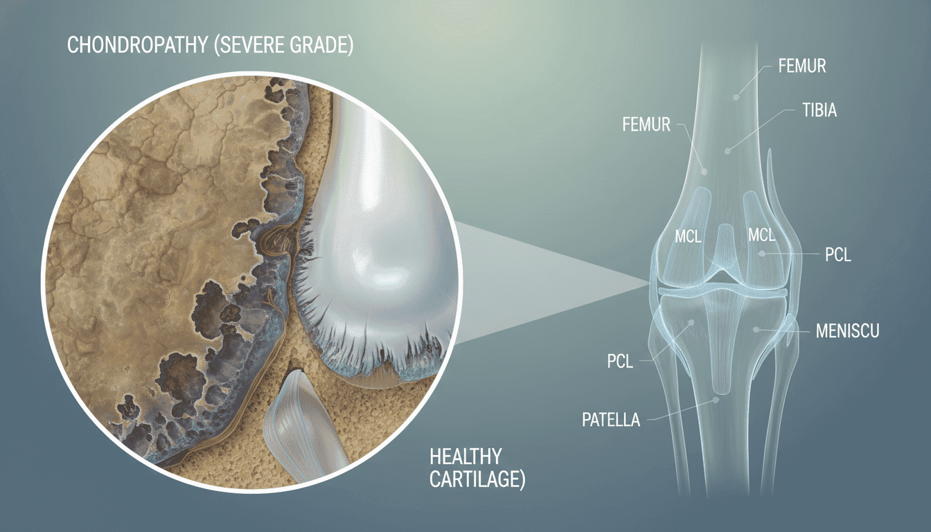 A detailed, anatomical illustration of the knee joint focusing on cartilage, specifically showcasing chondropathie. In the foreground, prominently visualize a cross-section of the knee with damaged cartilage, displaying varying textures and colors to indicate deterioration. The middle layer includes healthy cartilage, highlighting the contrast between normal and affected areas. The background features a soft gradient, emphasizing clarity and medical professionalism. Use soft, diffused lighting to enhance the anatomical details, simulating an examination room ambiance. The angle should be slightly tilted to reveal depth while maintaining a clear focus on the joint's structure. The mood is educational and clinical, aiming to provide a clear understanding of chondropathie in a professional context.