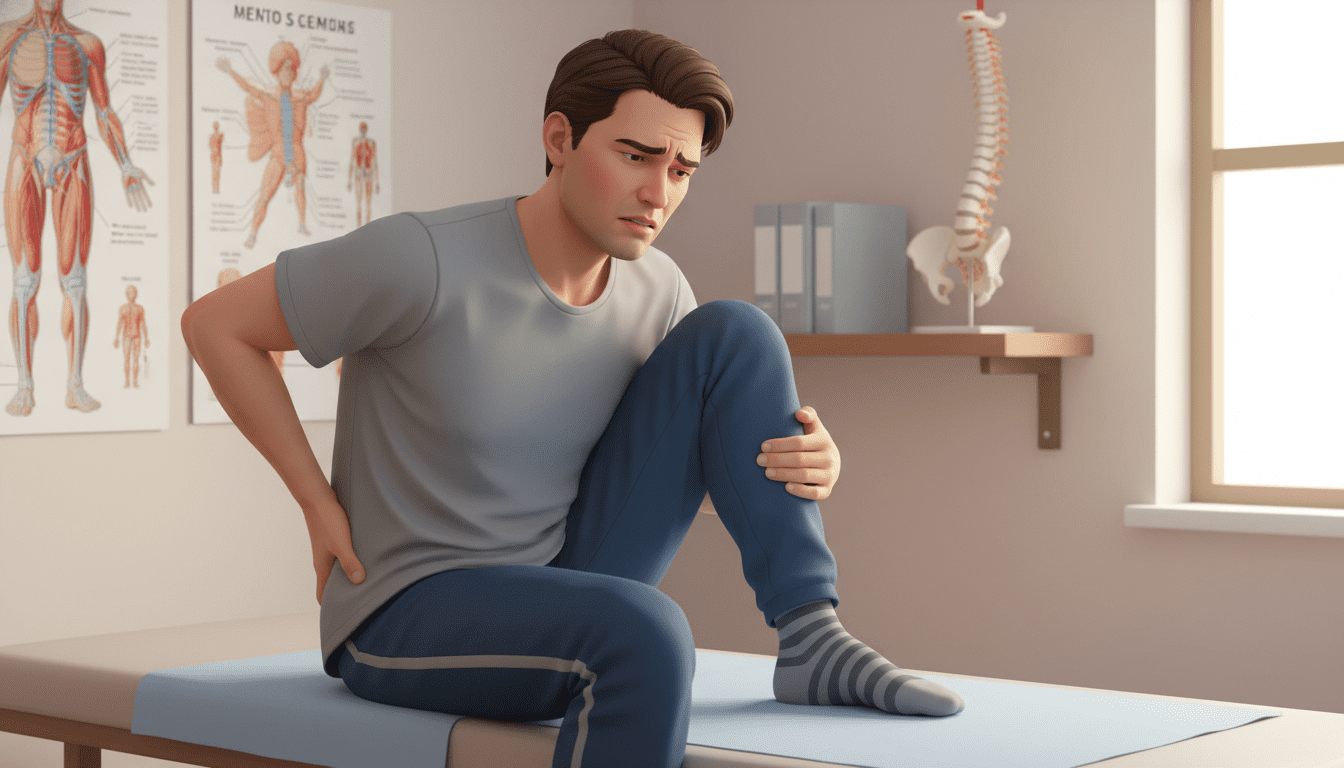 A detailed illustration of a person sitting on a medical examination table, showing visible discomfort on their face, indicative of sciatic nerve pain. The individual, dressed in modest casual clothing, is turned slightly to the side, holding their lower back with one hand and their leg with the other, emphasizing the symptoms. In the background, a softly lit medical office with anatomical charts and a spine model displayed on a nearby shelf creates a clinical atmosphere. The lighting is warm and gentle, enhancing the mood of concern and empathy. The angle is slightly above eye level, providing a clear view of the person’s expression and posture, while maintaining a professional and educational tone throughout the composition.