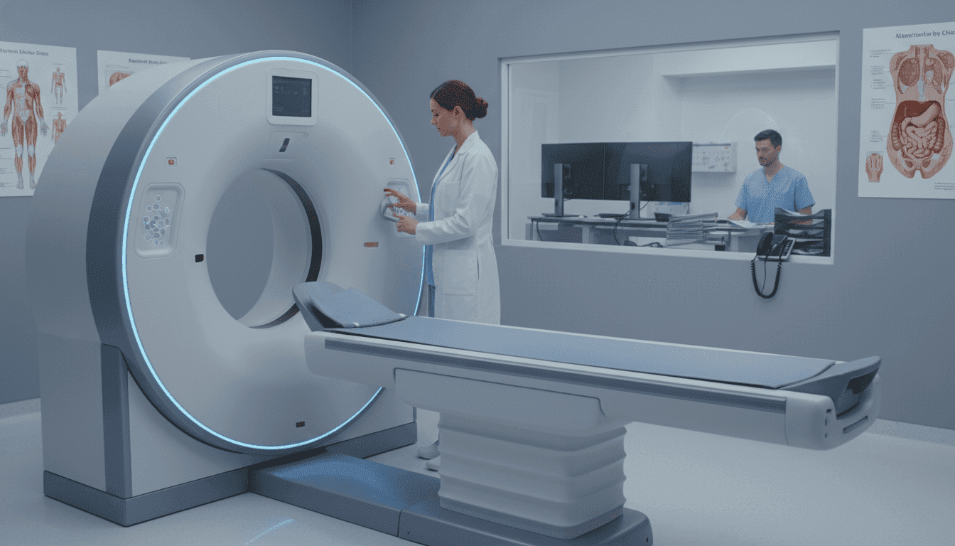 A highly detailed image of a medical imaging room featuring an abdominal and pelvic CT scanner. In the foreground, the sophisticated scanner apparatus is positioned prominently, with sleek, modern design elements and bright, clinical lighting. The middle ground includes a medical professional, dressed in a white lab coat and scrubs, preparing the machine for a scan, showcasing the human element in a sterile, professional environment. The background reveals an organized workspace with medical charts, a computer displaying patient information, and anatomical posters related to abdominal and pelvic anatomy. The atmosphere is calm and focused, conveying a sense of trust and advanced technology, ideal for illustrating the process of an abdominal-pelvic scan.
