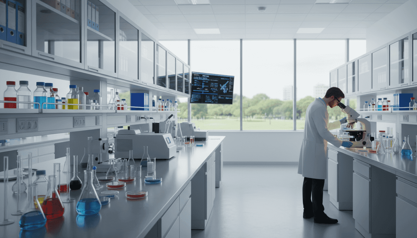 A modern medical biology laboratory with a clean, sterile aesthetic. In the foreground, a detailed view of a laboratory bench cluttered with glassware, petri dishes, and advanced lab equipment. A scientist in professional attire, focused and engaged in work, examining samples under a microscope, with a faint glow highlighting their concentration. In the middle ground, rows of lab cabinets filled with colorful reagents and organized files, along with a wall-mounted monitor displaying data. The background features large windows that allow natural light to flood the space, creating an open and innovative atmosphere. The overall mood is one of diligence and professionalism, with a sense of collaboration and scientific discovery. The imagery should utilize soft, balanced lighting for a welcoming but serious tone.