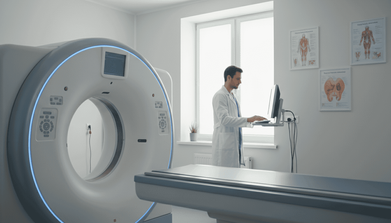 A modern, well-lit medical examination room featuring an advanced abdominal CT scanner positioned prominently in the foreground. The scanner is sleek and futuristic, with soft blue and white lighting illuminating its design. In the middle ground, a healthcare professional in professional attire, focused and attentive, prepares the machine for a patient examination. In the background, a large window allows natural light to stream in, creating a calm and reassuring atmosphere. The walls are adorned with medical charts and informative posters about abdominal imaging, subtly reinforcing the purpose of the exam. The scene conveys professionalism, care, and advanced medical technology.