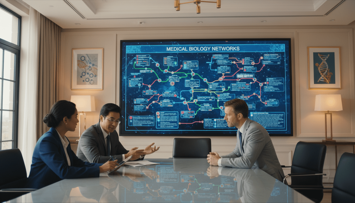 A professional business presentation setting in a well-lit conference room. In the foreground, a diverse group of three professionals—two males and one female—dressed in business attire, are engaged in a discussion with a digital presentation on a large screen behind them. The middle ground features a clear view of the large screen displaying an intricate diagram related to medical biology networks, showcasing interconnected nodes and flowcharts. In the background, a neutral-colored wall adorned with abstract medical-themed art provides context and ambiance. The lighting is warm and inviting, highlighting the focused expressions of the professionals, creating a collaborative and innovative atmosphere. The angle captures both the presentation and the engaged audience, emphasizing teamwork and the exchange of ideas.