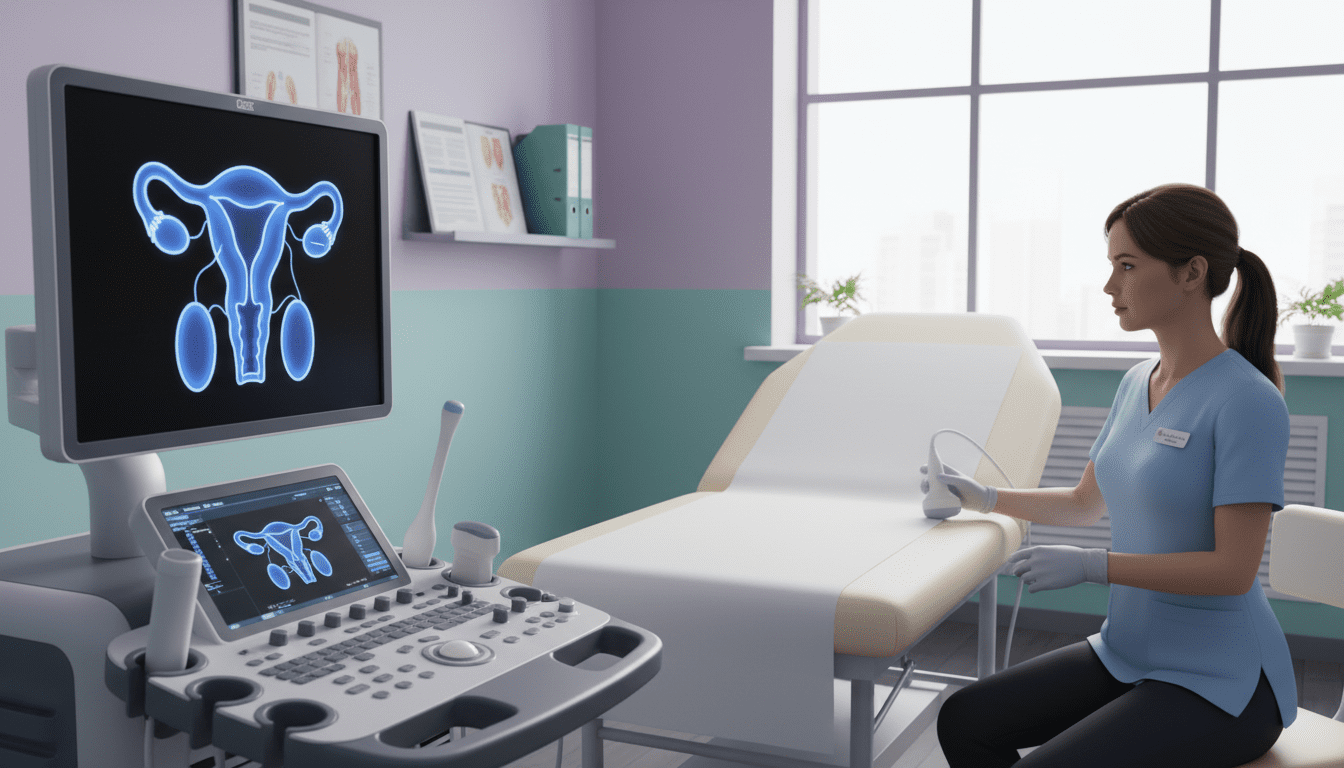 A serene and professional setting for a pelvic ultrasound introduction. In the foreground, a modern ultrasound machine with a large screen displaying an abstract representation of pelvic anatomy, including the uterus and ovaries. A healthcare professional in modest professional attire is preparing the equipment, focused and attentive, conveying a sense of expertise. The middle ground features a well-lit examination room with soothing pastel colors, a comfortable examination table, and medical charts on the walls. In the background, a large window allows natural light to flood the room, enhancing the calm atmosphere. Soft shadows and highlights depict a clean and inviting space. The overall mood is reassuring, informative, and trustworthy, reflecting the importance of pelvic ultrasound examinations in women's health.