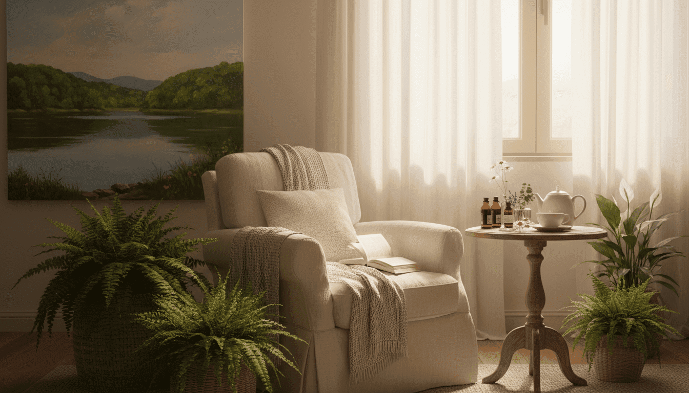 A serene and tranquil indoor scene depicting a cozy corner designed for stress relief. In the foreground, a plush, inviting armchair adorned with soft, natural fabrics, surrounded by lush potted plants like ferns and peace lilies. A small tray on a rustic wooden side table holds herbal tea, calming essential oils, and an open book. The middle layer features a softly glowing window with sheer curtains letting in warm, golden sunlight, enhancing the peaceful ambiance. In the background, a calming painting of a tranquil landscape hangs on the wall, adding to the soothing atmosphere. The mood is warm and inviting, evoking feelings of relaxation and comfort, with soft, diffused lighting that enhances the serene environment.