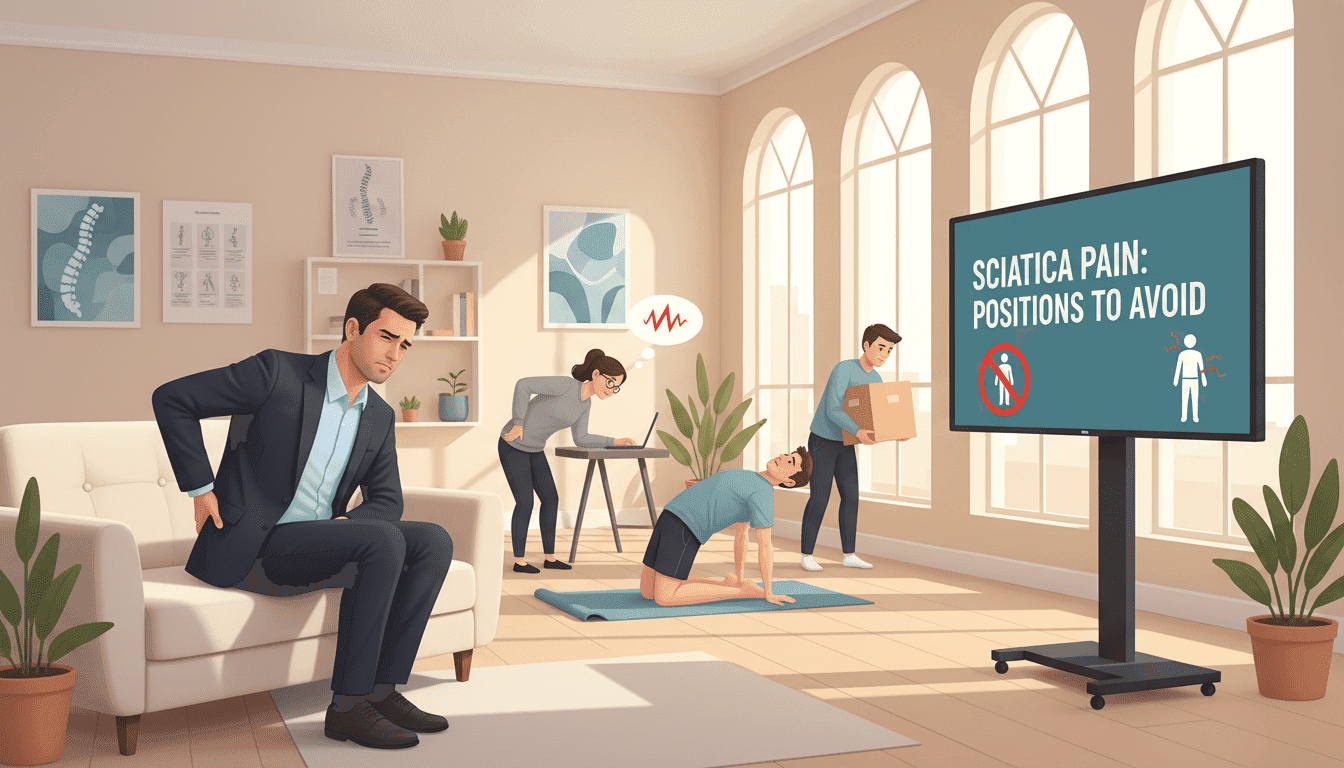 A serene indoor environment showcasing a variety of physical positions to avoid for individuals suffering from sciatic pain. In the foreground, a person in professional business attire sits awkwardly on a couch, their posture clearly illustrating an uncomfortable position. In the middle, a diverse group of individuals, also dressed in modest casual clothing, demonstrate alternative positions like slouching over a desk or stretching incorrectly on a yoga mat. The background features calming, neutral colors with soft lighting that creates a warm atmosphere, suggesting a safe and informative space. The overall mood is educational and supportive, emphasizing the importance of proper posture and ergonomic positions to alleviate discomfort.